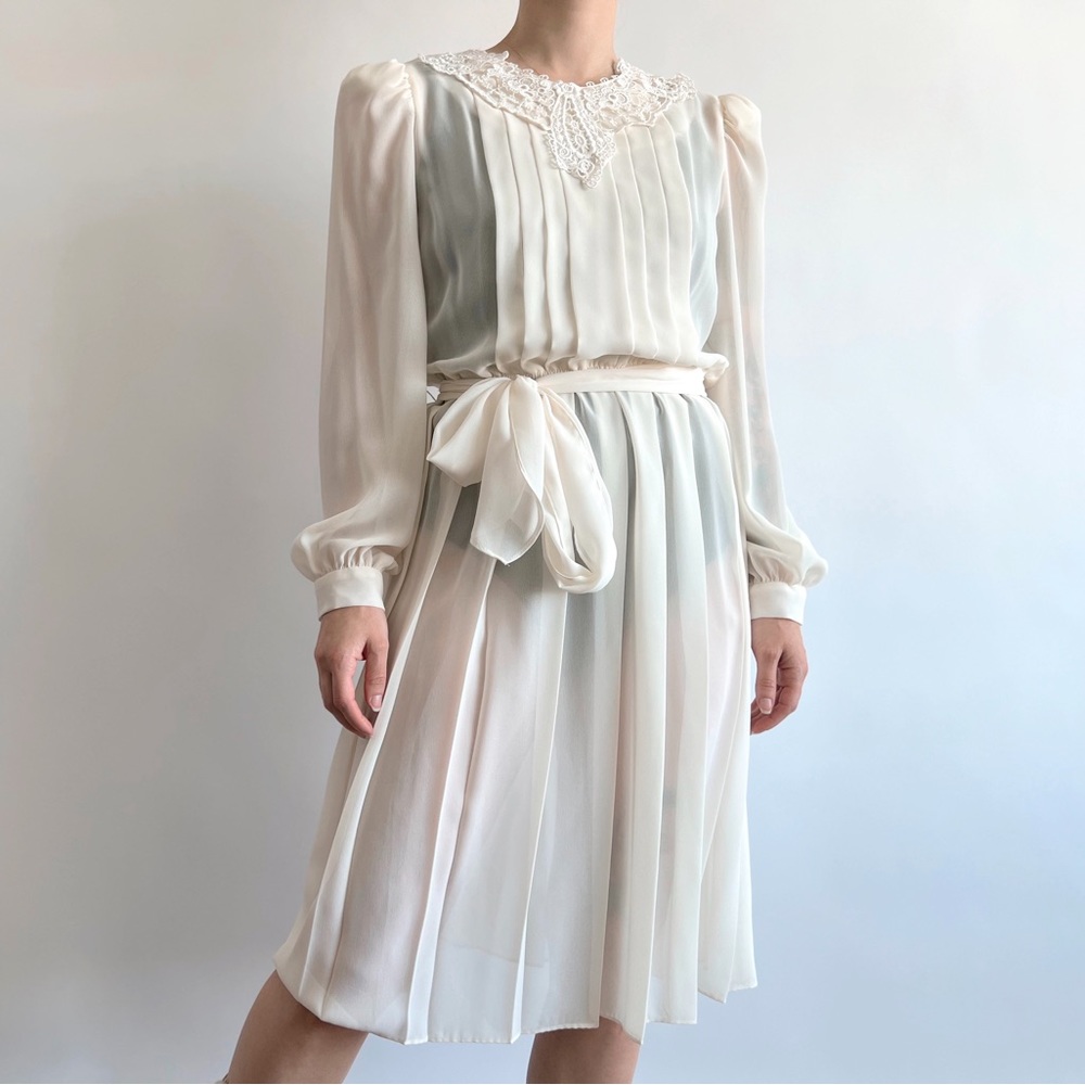 Vintage 80s fully sheer puff sleeve Victorian style midi dress with lace collar